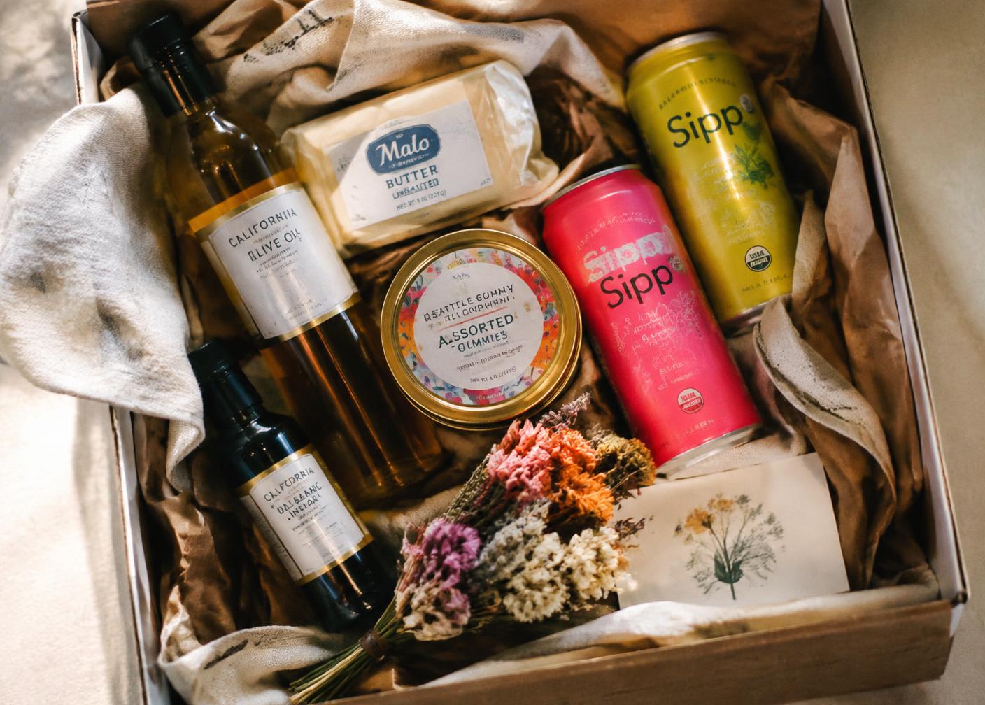 Overhead view of a gourmet gift basket with oil bottles, butter, soda cans, gummies and dried flowers